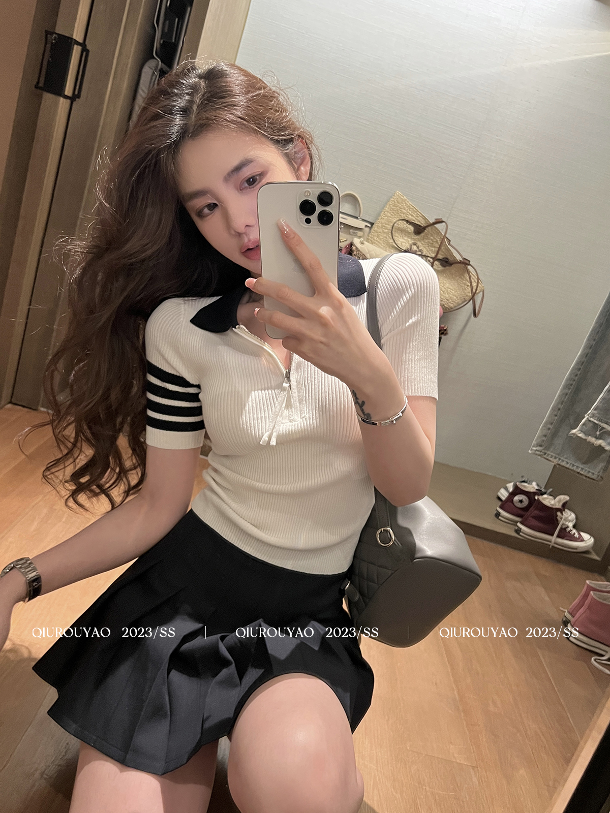 邱肉瑤 時尚套裝裙女春季新款學院風polo領上衣