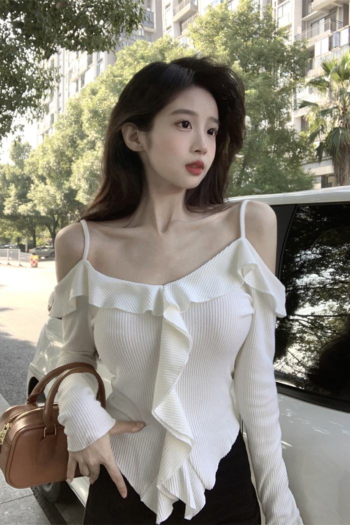 荷葉邊一字領長袖T恤女裝2024春設計感小眾法式修身顯瘦長袖上衣