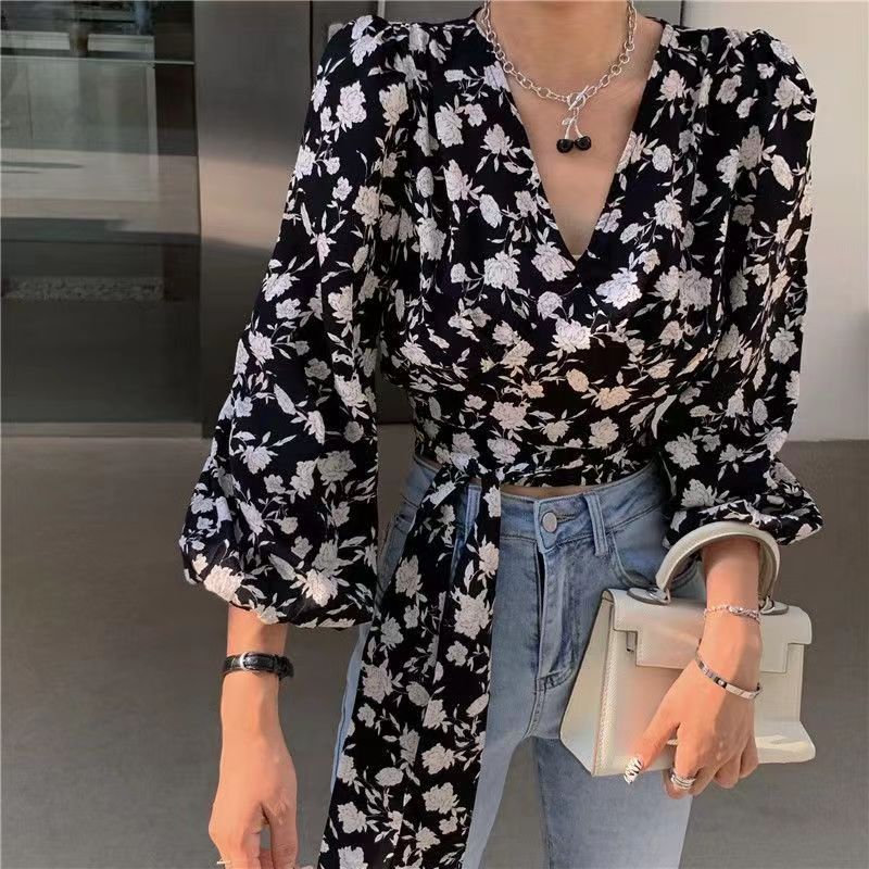 碎花襯衫女短款V領襯衣設計感小眾秋季港味綁帶收腰長袖上衣