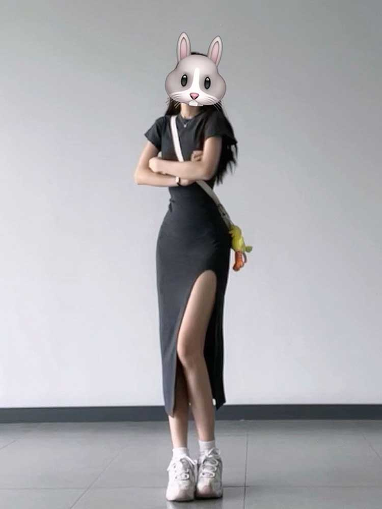 2024夏季女裝過膝收腰開叉氣質連衣裙子微胖MM遮肚顯瘦高級感長裙