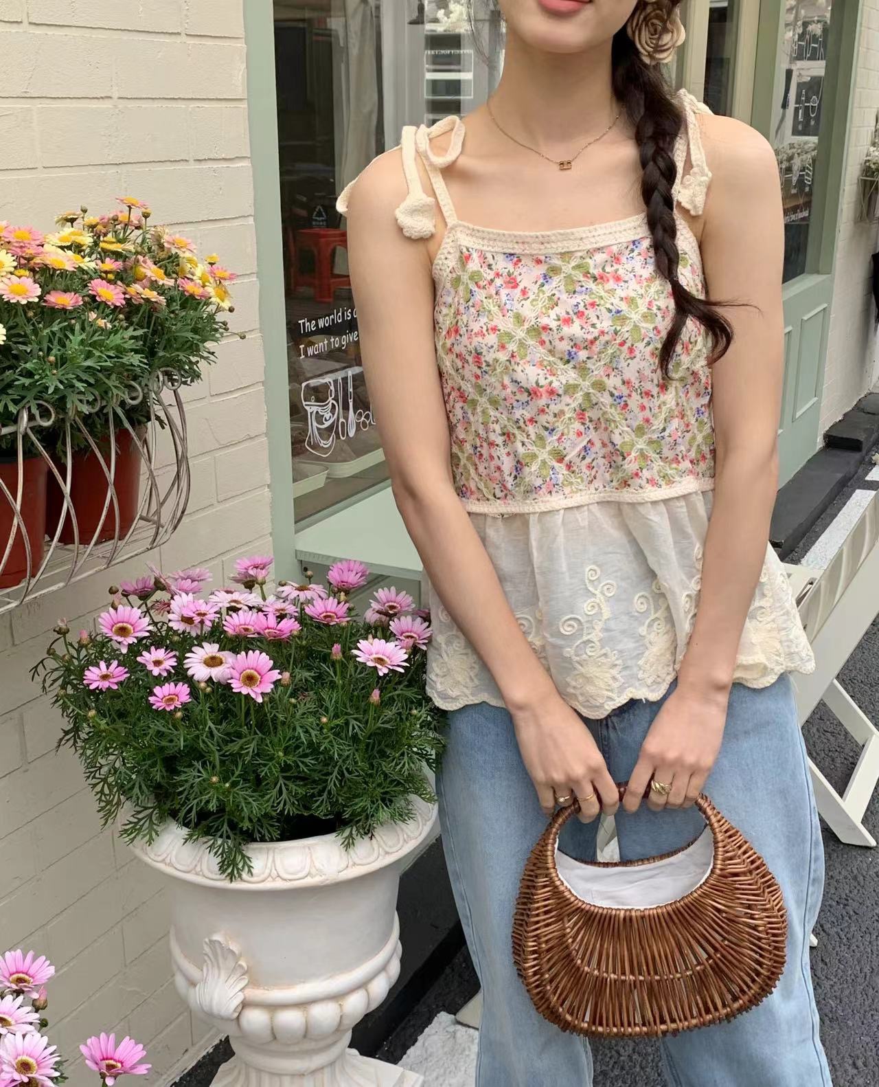 實拍 2024夏季新款度假風刺繡花朵綁帶吊帶女無袖內打底外穿