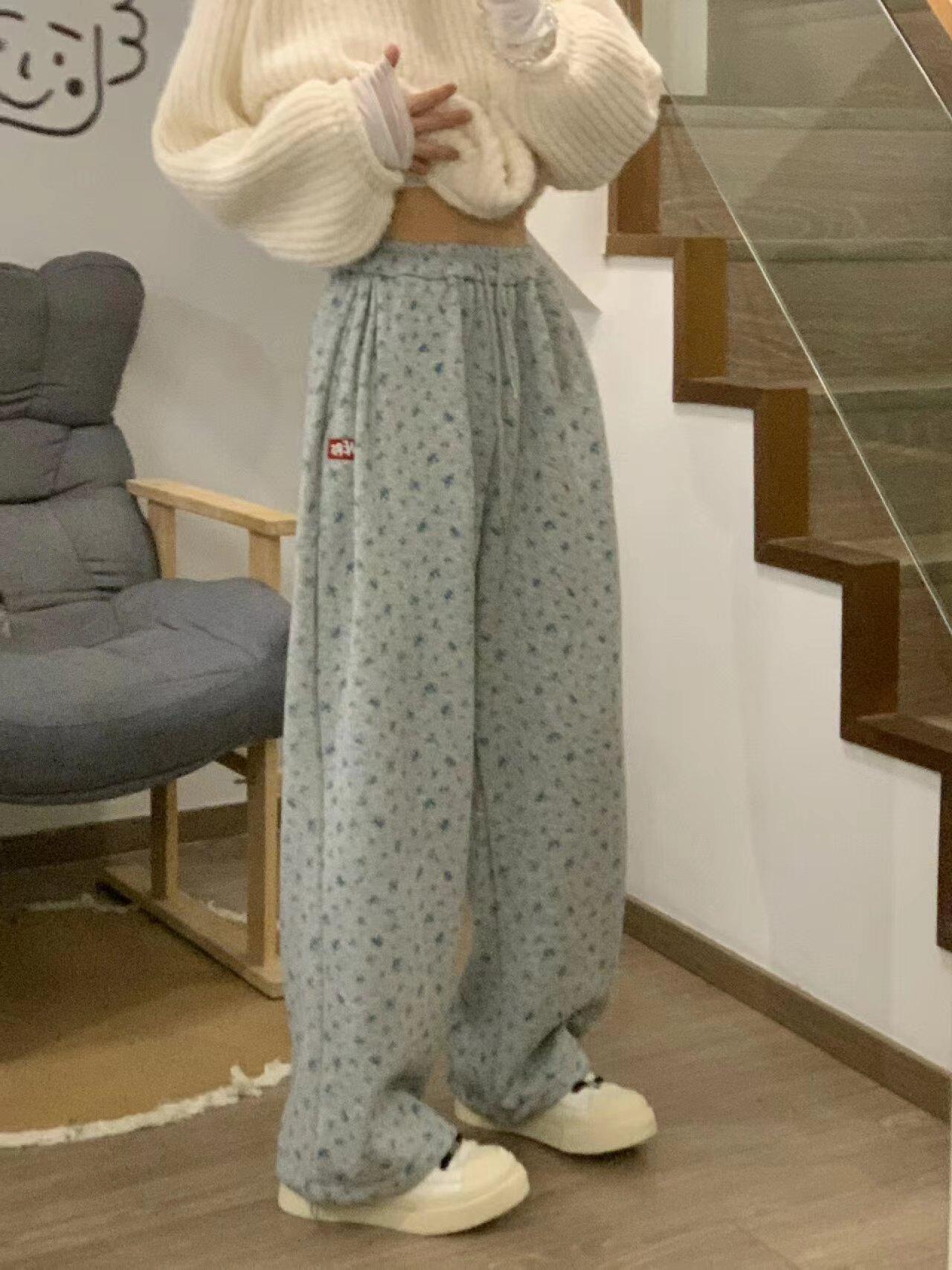 新款美式休閒百搭灰色碎花直筒寬鬆百搭休閒褲