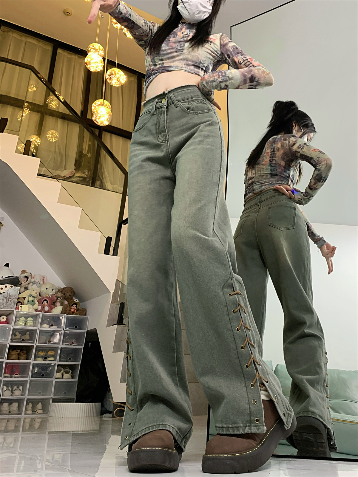 實拍~原版面料 美式復古辣妹設計綁帶微喇褲辣妹毛邊牛仔褲