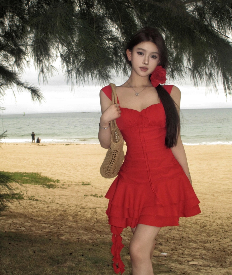 實拍 明媚夏日夏季顯白不規則短裙海邊度假小紅裙連衣裙