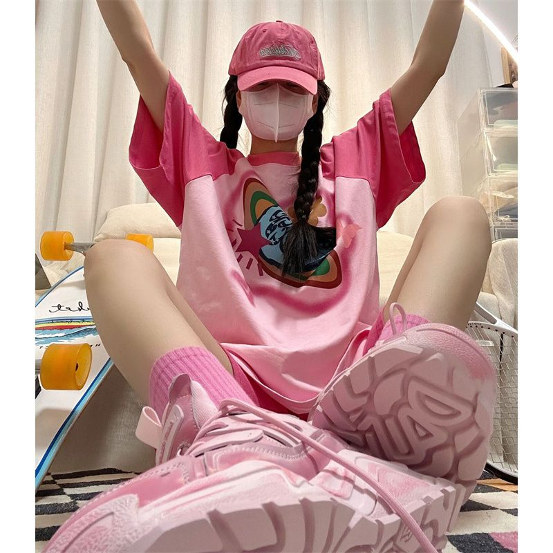 撞色拼接包肩包領玫紅色短褲 休閒套裝 200克