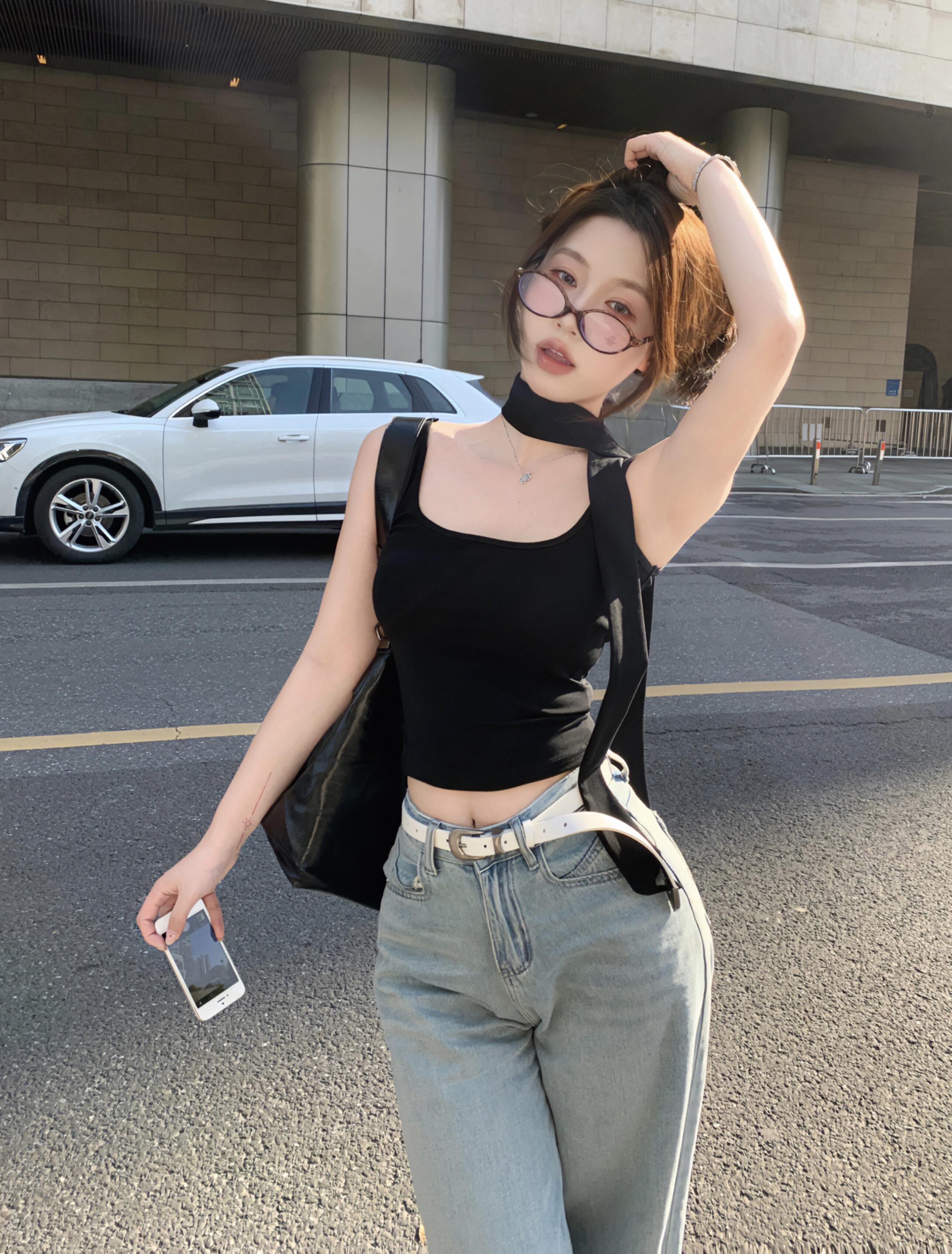 實拍 辣妹露背內搭修身短款飄帶吊帶背心上衣女