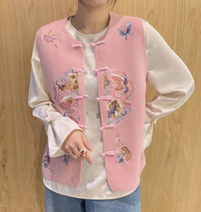 中式國潮風刺繡針織開衫背心盤扣復古民族風毛衣馬甲外搭
