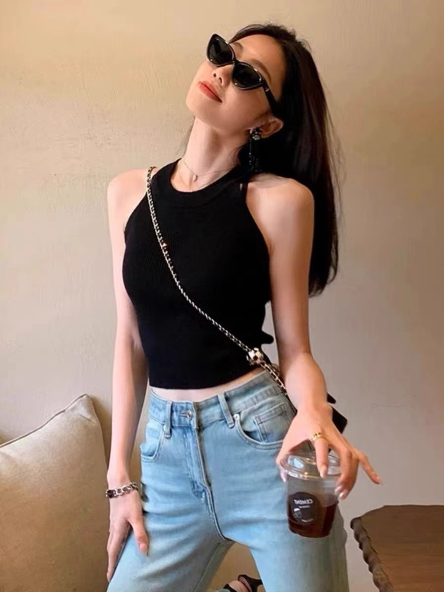 美式掛脖小吊帶背心女夏季外穿內搭美背針織削肩坎袖工型無袖上衣