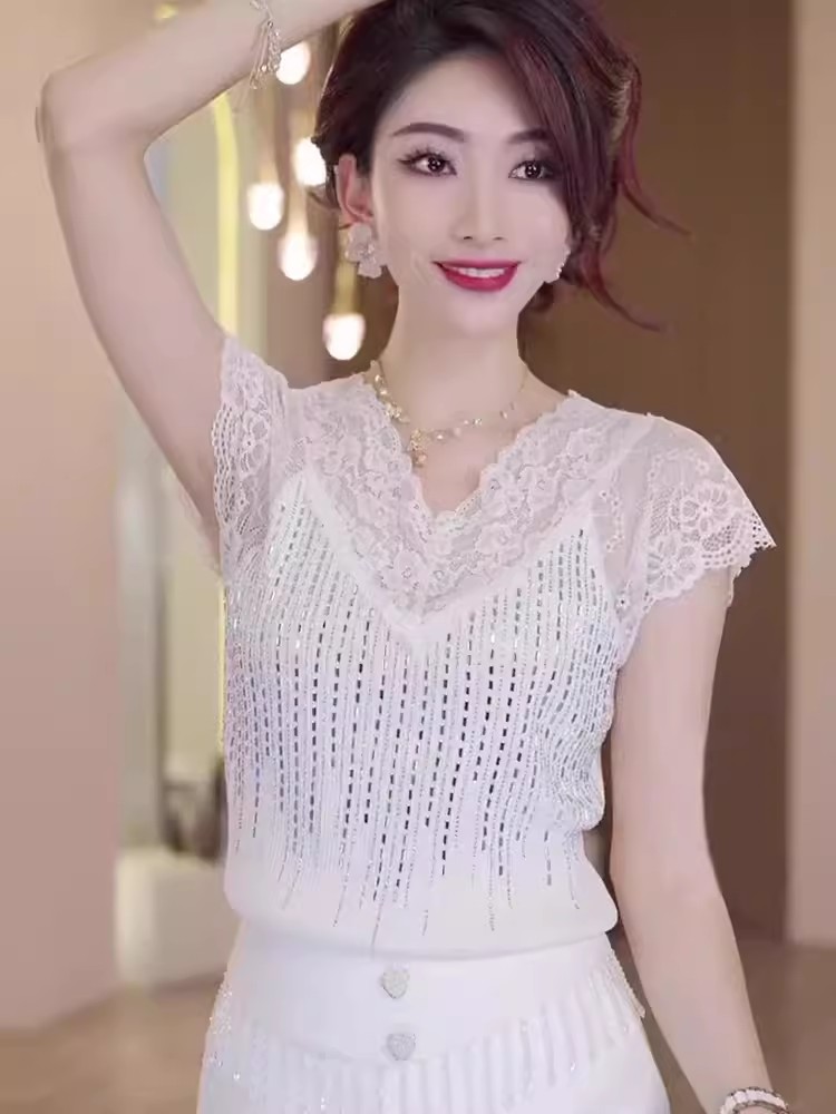 歐貨性感蕾絲黑色冰絲針織燙鑽小吊帶背心女內搭外穿短袖上衣小衫