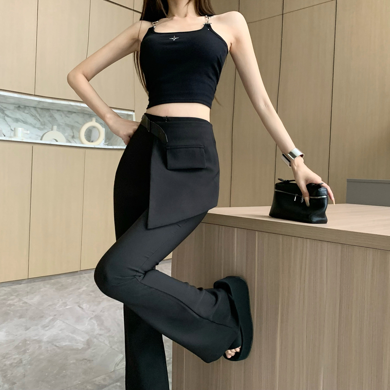黑色高腰垂感微喇褲女2024春季新款圍裙式假兩件褲裙顯瘦喇叭長褲