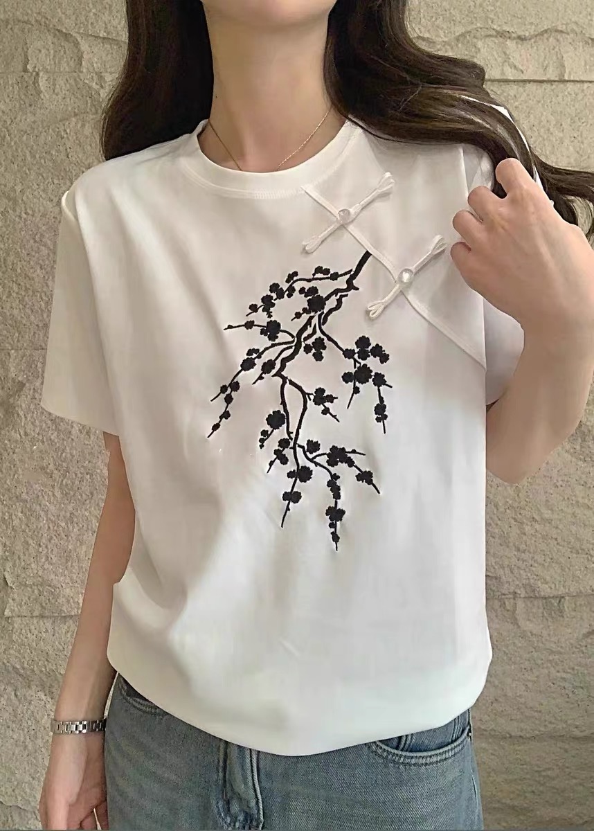 中國風短袖T恤女2024年新款盤扣設計感時尚百搭復古梅花刺繡上衣