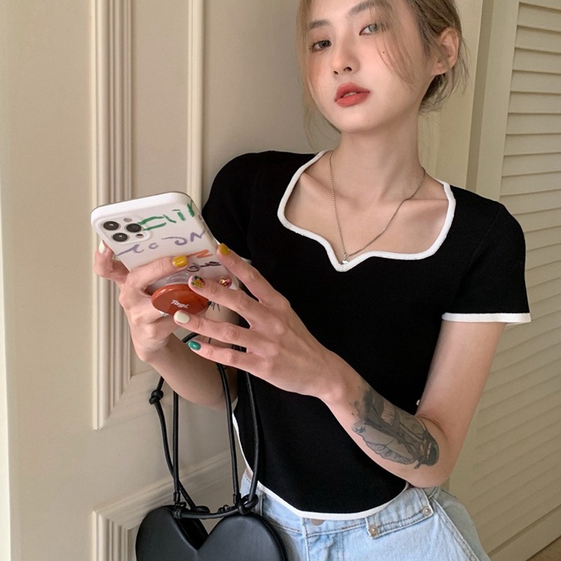 小眾拼接方領港味針織短袖t恤女夏修身短款顯瘦清涼撞色上衣