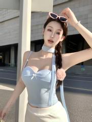 Shooted Pure Desire Short Sleeve Bodice with Bow, Fitted Tank Top Backless Bralette with Bra Cup