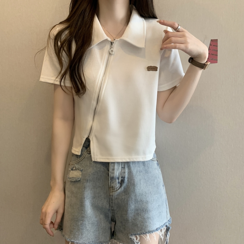 大碼polo領正肩短袖t恤夏洋氣設計感胖mm顯瘦短款上衣
