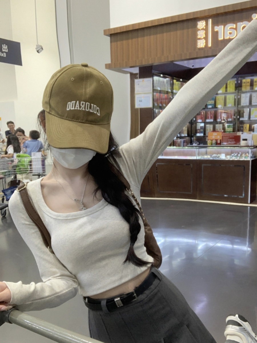 春秋上衣女新款韓系修身U領內搭打底衫T恤短款長袖別致緊身體恤衫