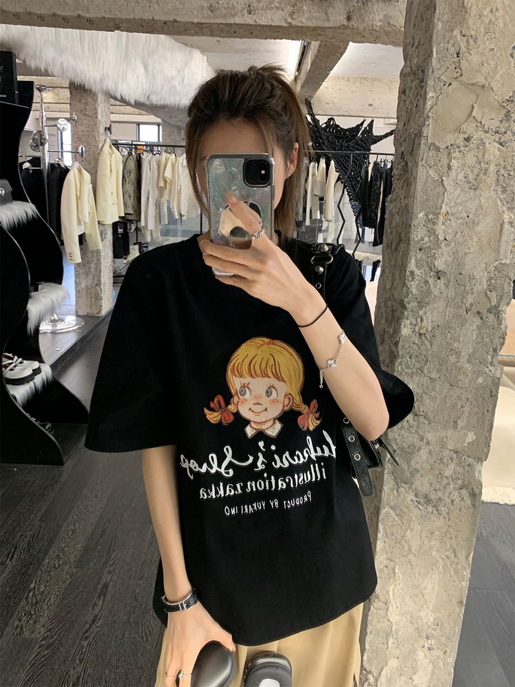 韓版寬鬆短袖t恤女夏季洋氣印花體恤百搭上衣服