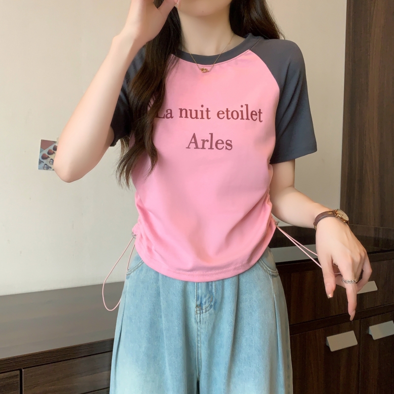 實拍  40支純棉 2024夏裝抽繩印花短袖T恤女設計感小眾