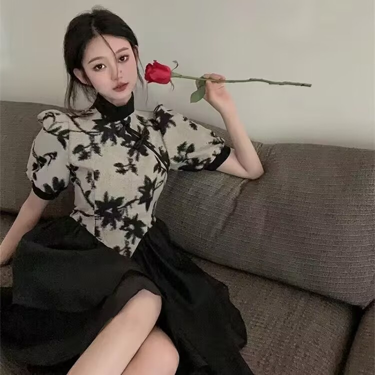 改良旗袍短袖連衣裙女裝夏季新款中式拼接中長款裙子