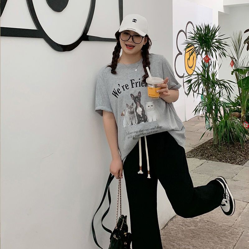 夏裝寬鬆休閒貓咪百搭卡通打底T恤印花半袖上衣女