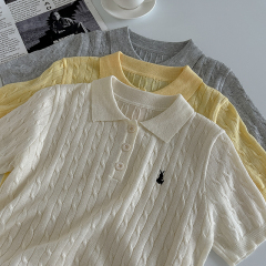 College style age-reducing lapel short-sleeved wool sweater 2024 spring new women's niche embroidered pullover top trend