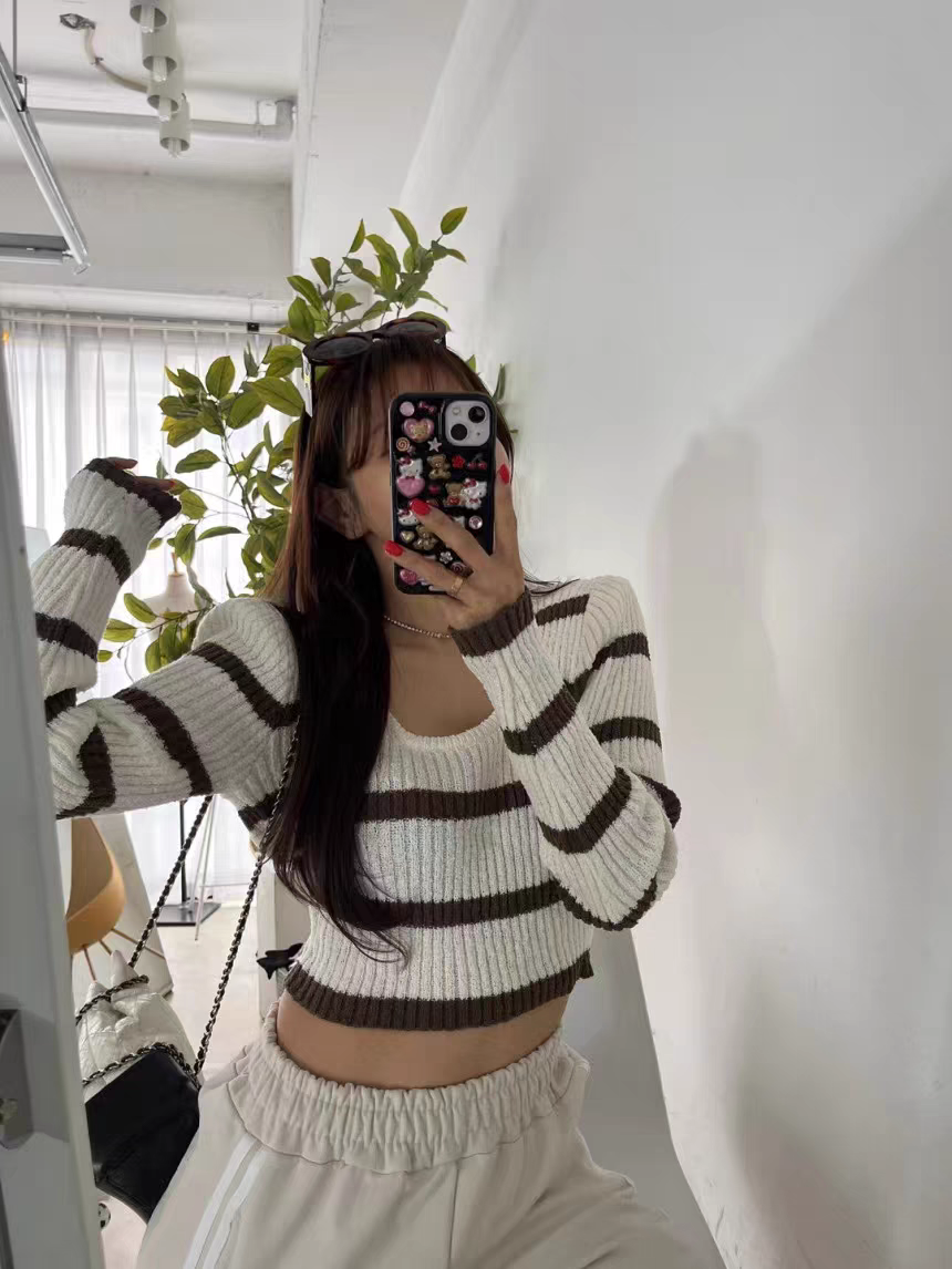 Striped fashionable pullover elastic knitted sweater top