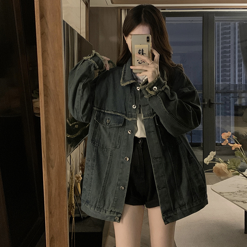 實拍！牛仔做舊水洗毛邊翻領牛仔外套女2024新款上衣秋春夾克