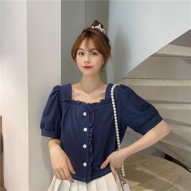 木耳邊方領女短袖夏甜美氣質泡泡袖短款上衣設計感小眾