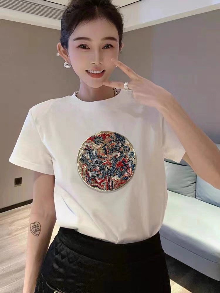 2024春夏新款新中式刺繡設計短袖T恤女寬鬆顯瘦百搭獨特别致上衣