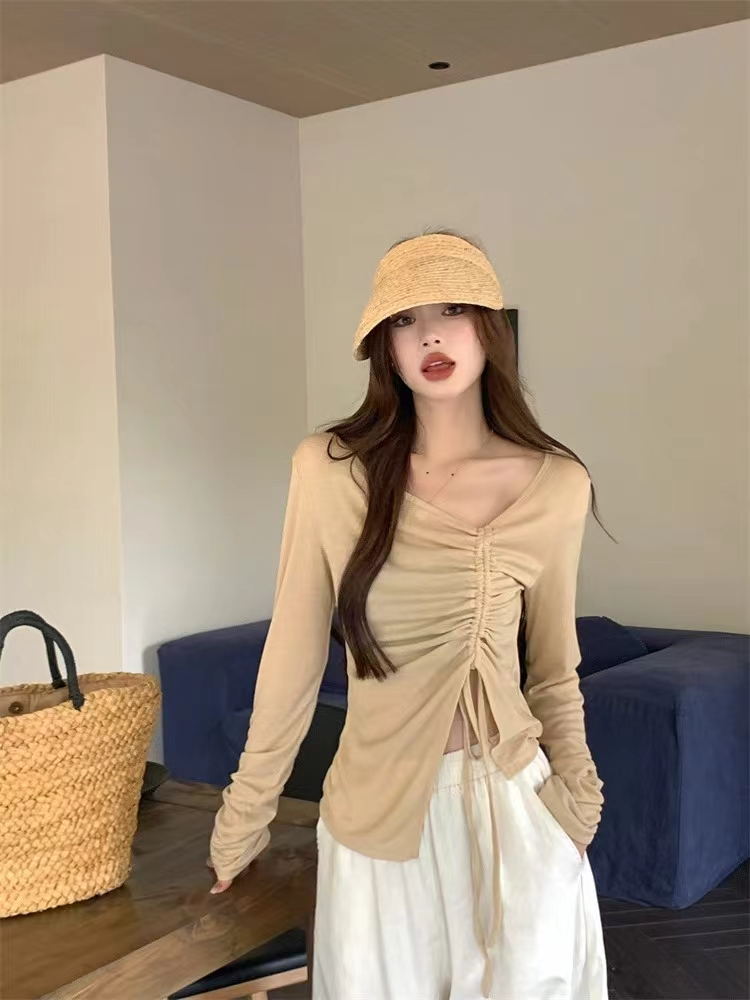 港味純欲V領防曬長袖女春秋季性感辣妹氣質修身上衣
