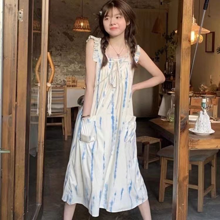 美式小眾設計法式初戀奶甜清純小飛袖吊帶連衣裙