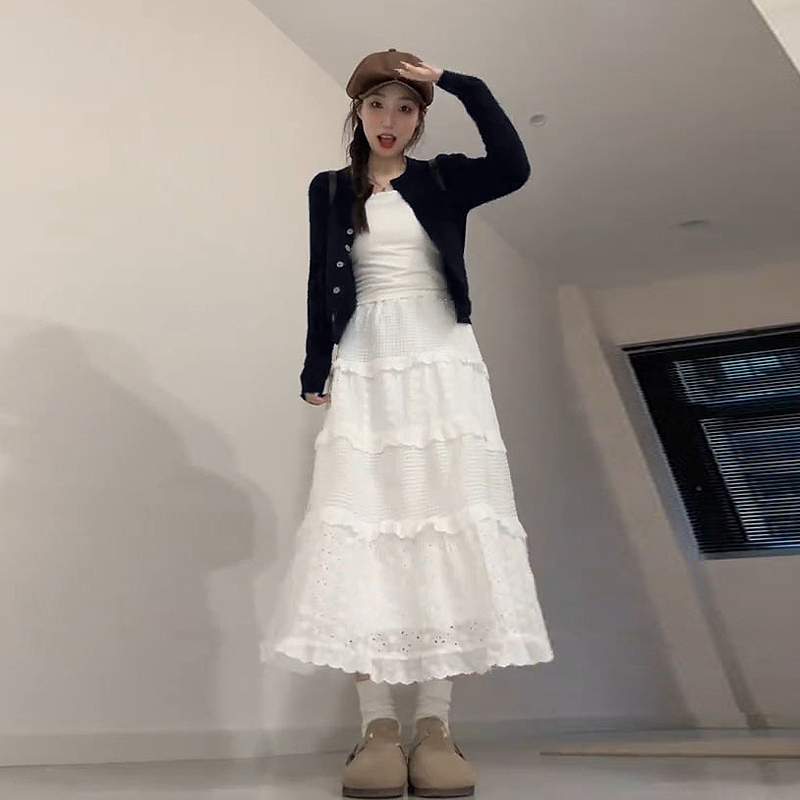 2024早春裝新款小個子穿搭一整套韓系女裝茶歇法式白色蛋糕裙套裝