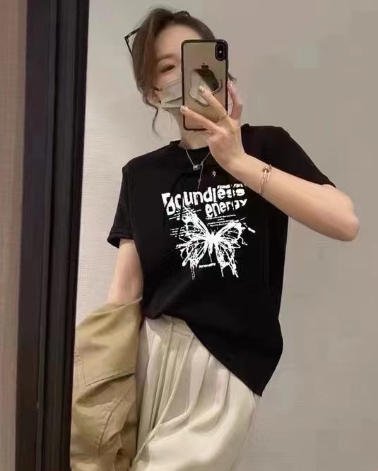 網紅同款2024春季新款新中式時尚韓版女百搭蝴蝶印花T恤