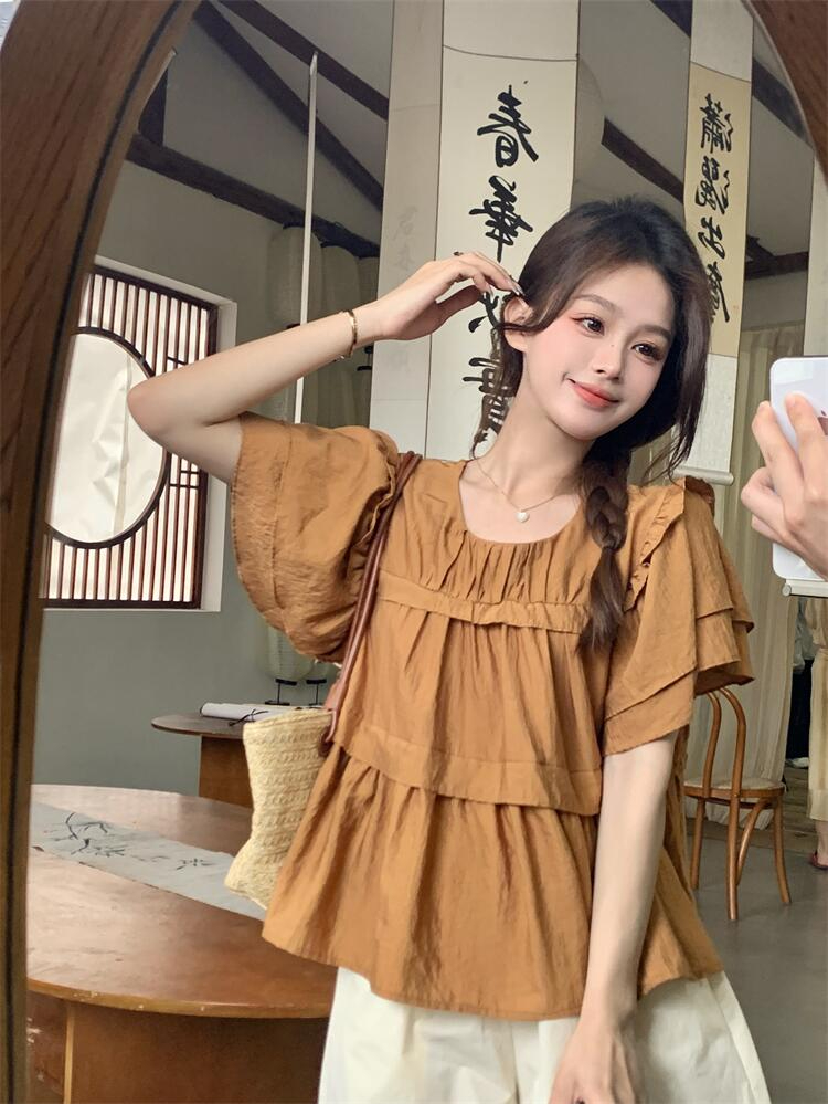 French chic pleated ruffled short-sleeved shirt for women with summer design niche loose and slim babydoll top