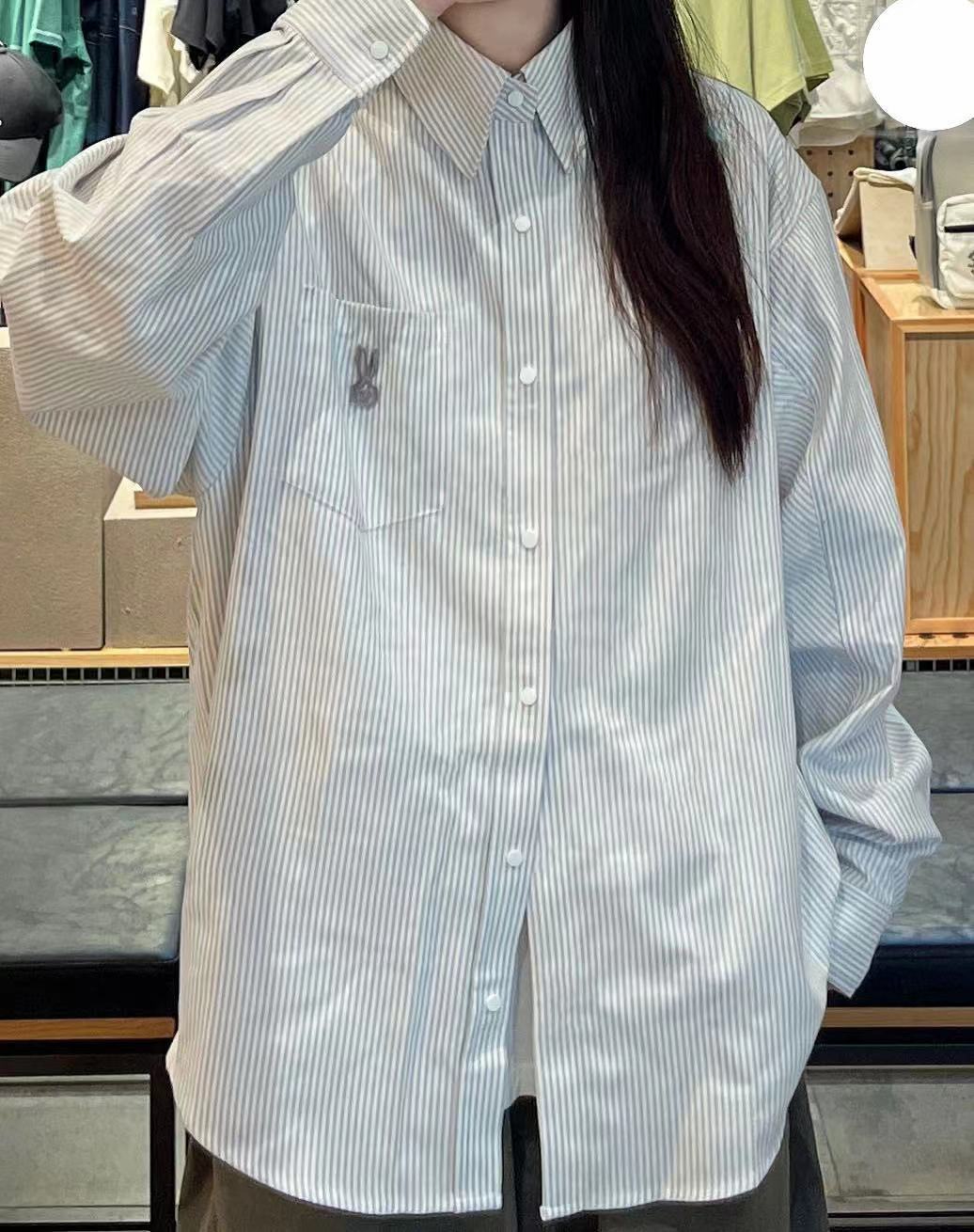 粉色條紋襯衫女春秋新款字母刺繡翻領長袖襯衣外套寬鬆情侶上衣潮
