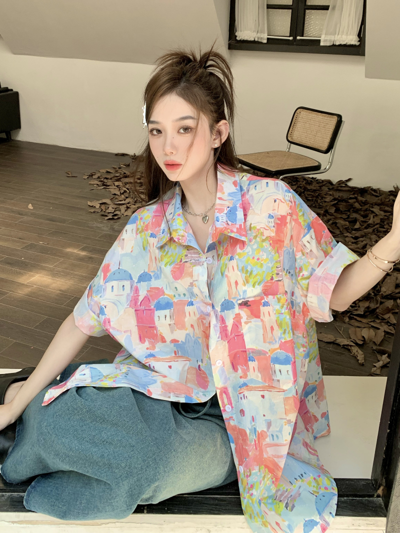 辣妹小清新翻領塗鴉圖案寬鬆oversize短袖襯衫上衣