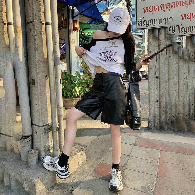實拍復古高腰寬鬆闊腿五分短褲皮褲直筒百搭休閒褲女