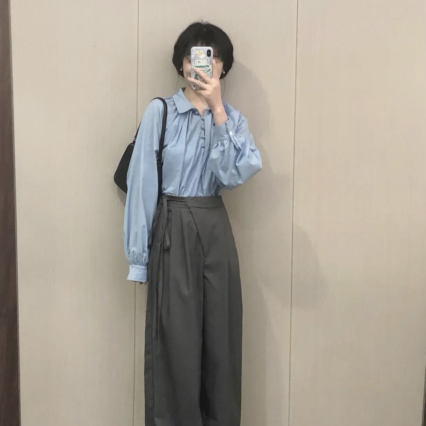 2024法式藍色長袖寬鬆顯瘦襯衫女別致氣質設計感綁帶西裝褲套裝
