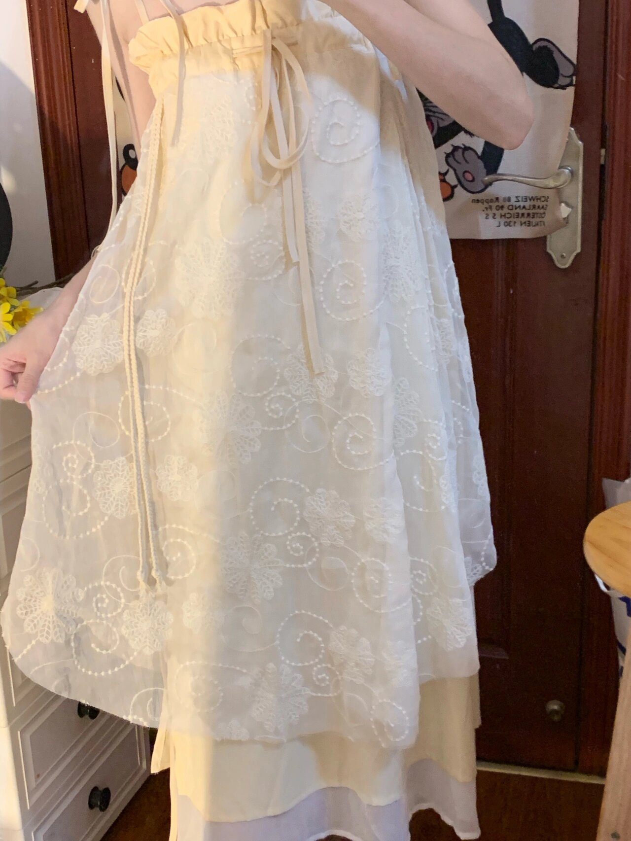 中式風法式復古高級感不規則三層設計抽繩綁帶吊帶連衣裙女小個子