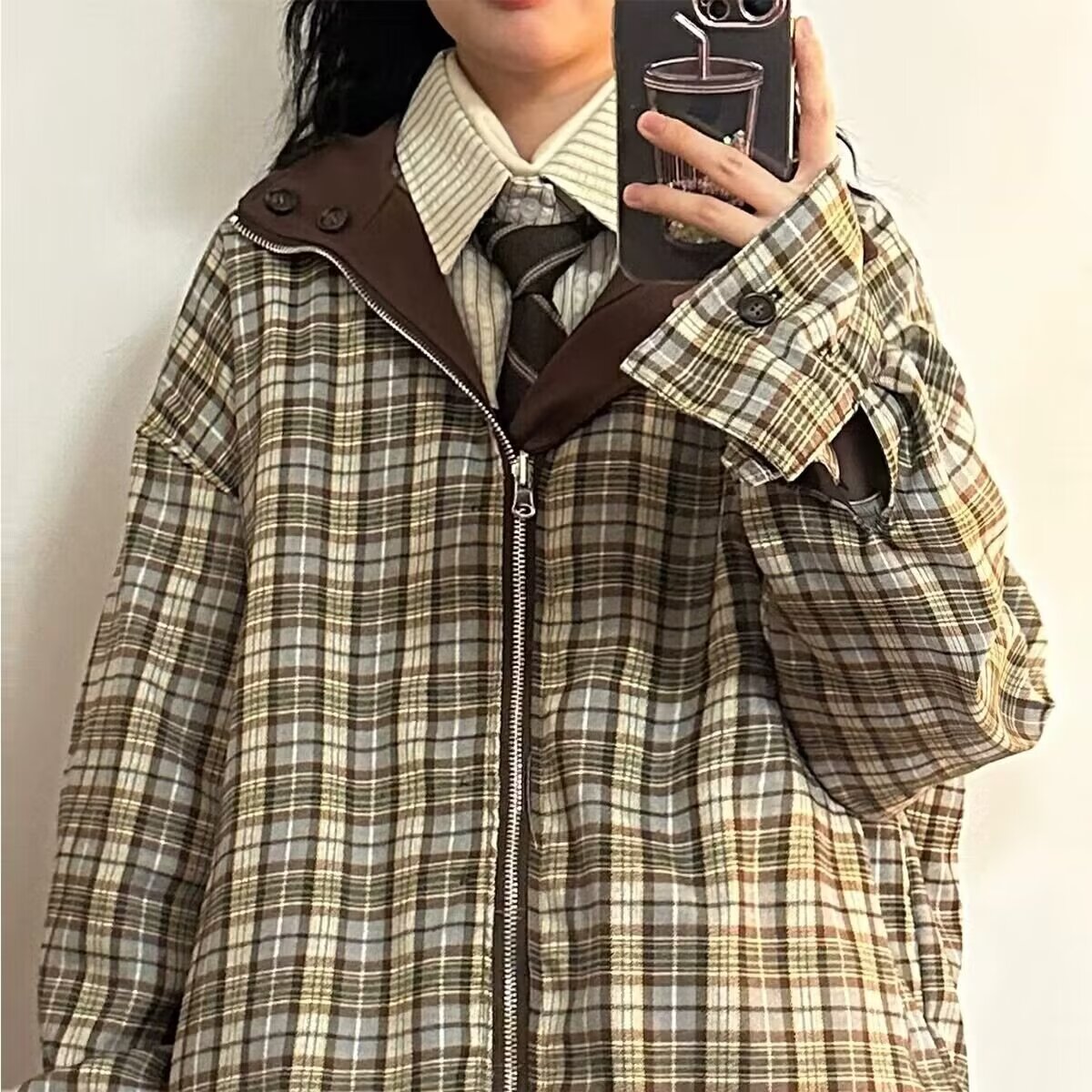 日系復古雙面穿格子外套女春秋款潮牌設計感美拉德立領工裝夾克