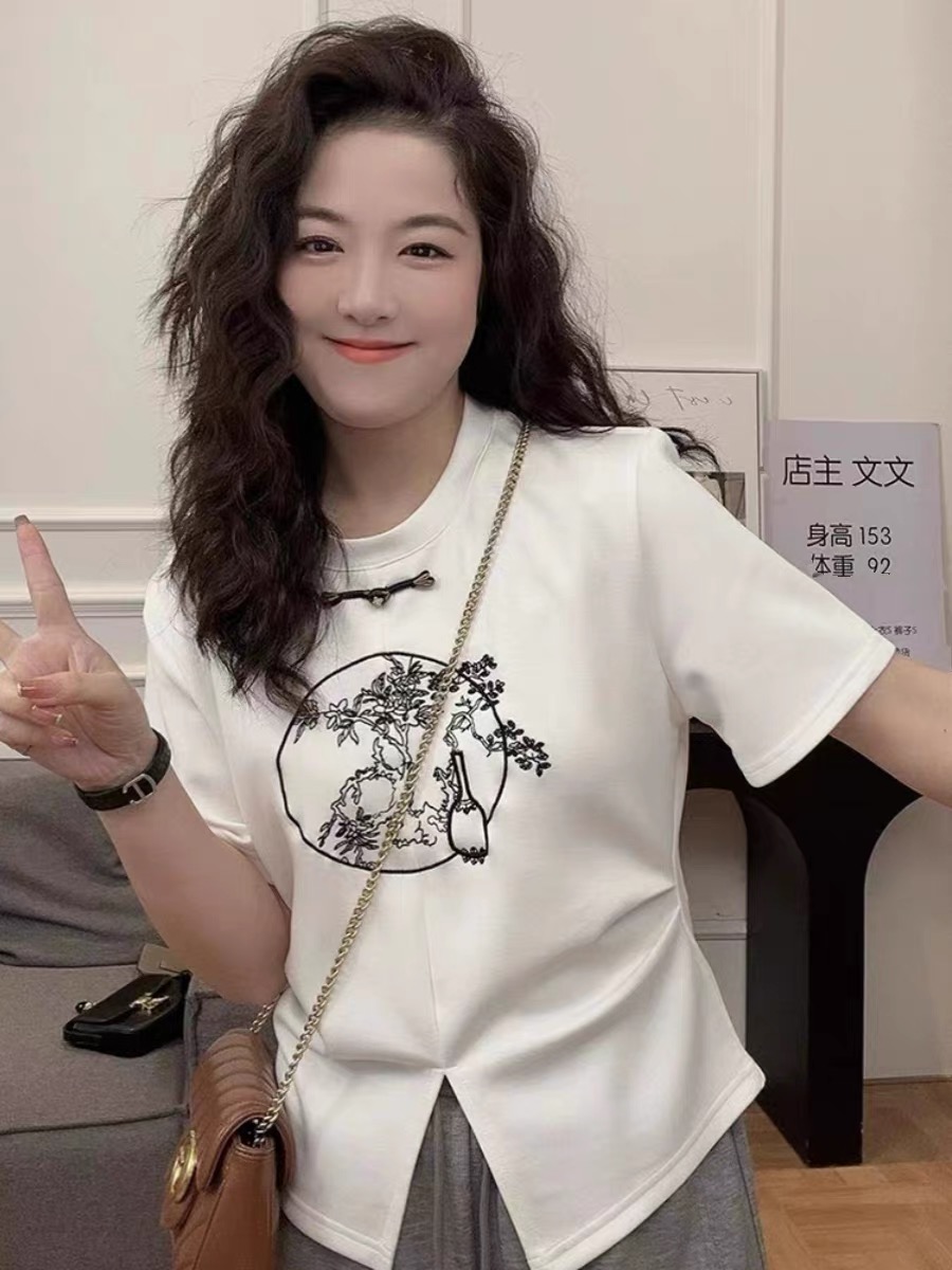 新中式國風盤扣刺繡T恤女裝2024春季新款高級感中式短袖上衣