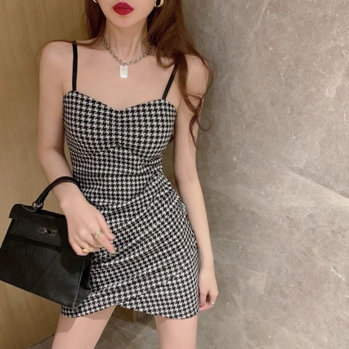 修身性感不規則V領吊帶千鳥格連衣裙女時尚潮流顯胸包臀短裙夏季
