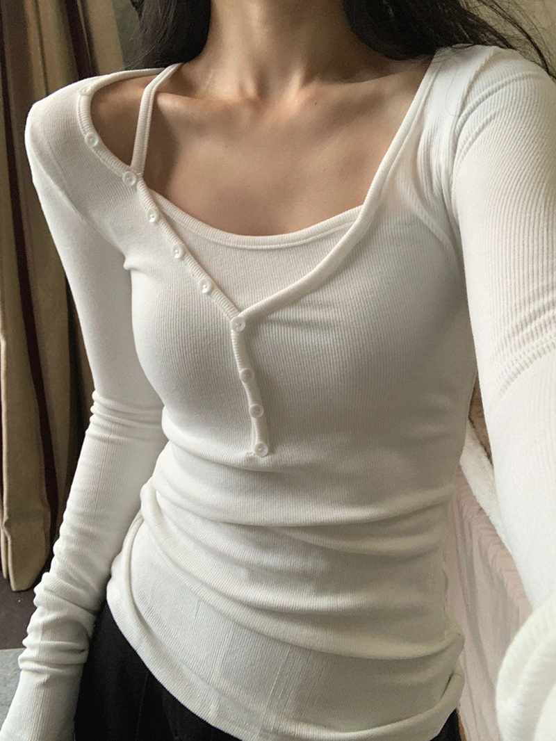 白色假兩件長袖T恤女裝春季設計感小眾溫柔純欲修身內搭短款上衣