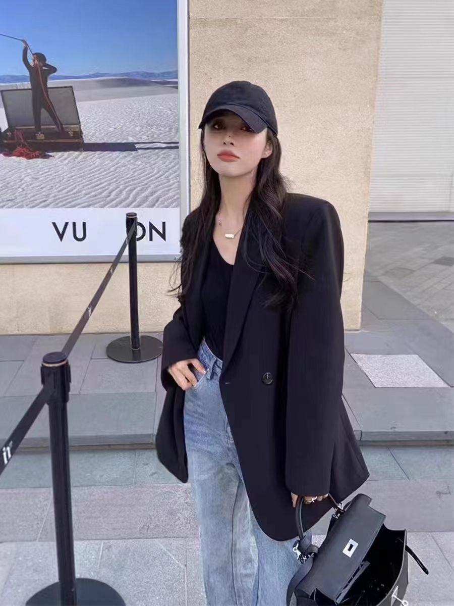 2024新款炸街黑色小西裝外套女春秋韓系設計感小個子百搭西服套裝