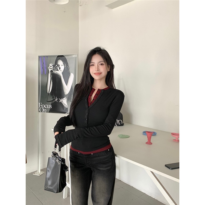 小眾設計感黑色T恤女裝秋冬疊穿內搭打底衫緊身修身顯瘦短款上衣