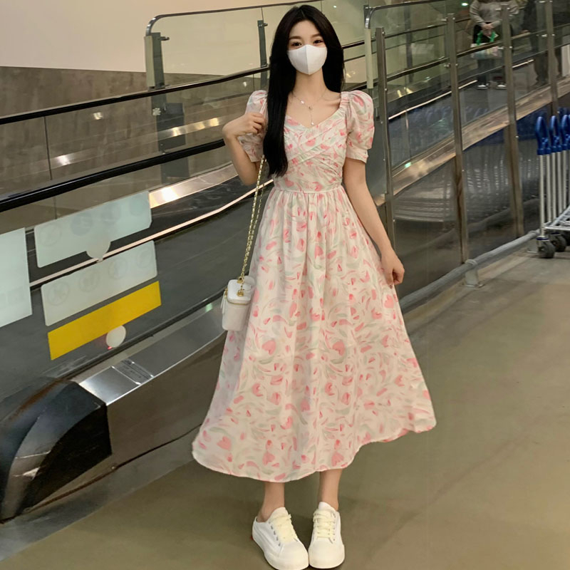 原版做工茶歇法式碎花連衣裙女夏小個子氣質收腰泡泡袖仙女裙