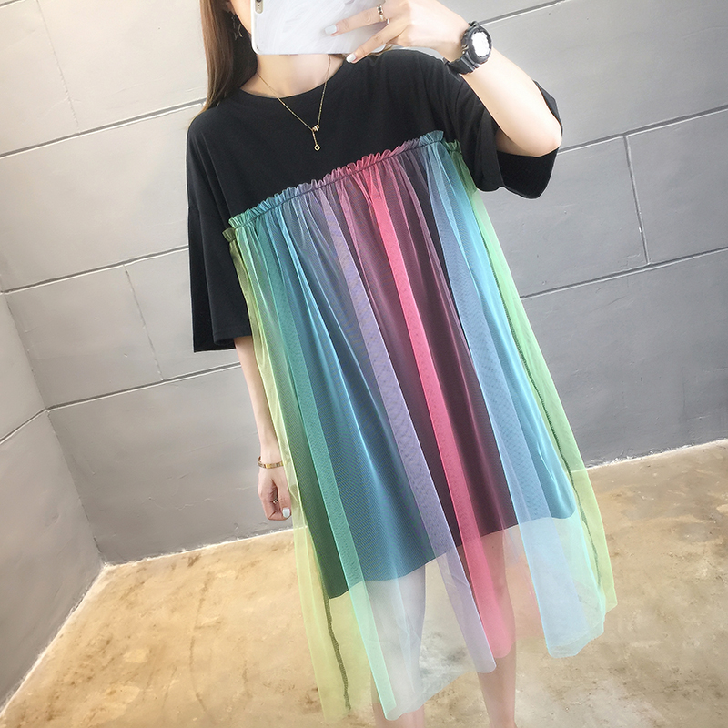 實拍6535棉2024夏季中長款超火彩虹網紗拼接短袖圓領T恤女ins