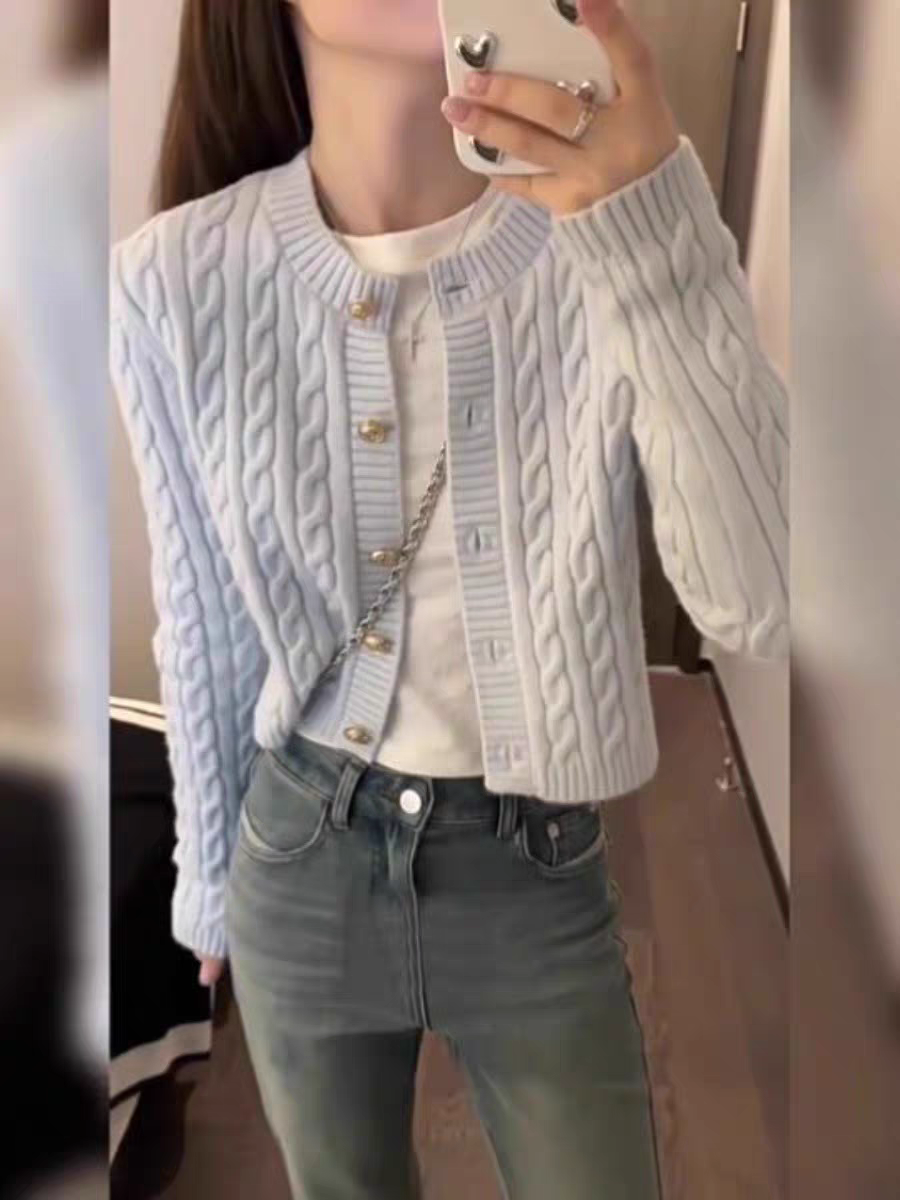 春秋溫柔秋裝上衣女糖果色麻花毛衣開衫復古學院風短款針織小外套