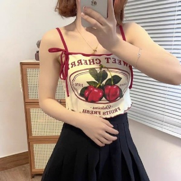 甜美可愛櫻桃印花辣妹系帶吊帶背心女夏季內搭上衣