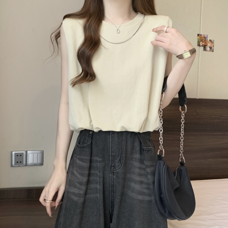 實拍  40支純棉 2024夏裝網布v領鏈條肩墊短袖T恤女寬鬆