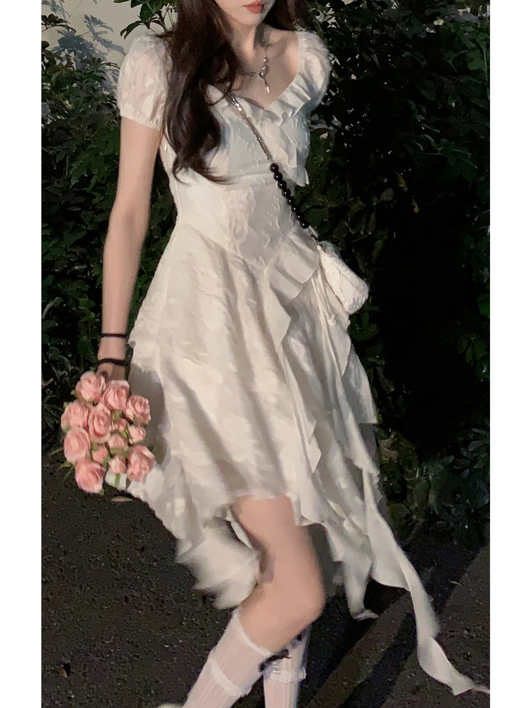 仙女風夢遊愛麗絲白色法式茶歇連衣裙甜辣荷葉邊不規則顯瘦短裙子